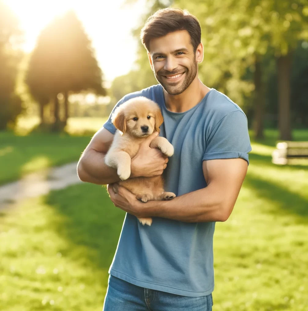 A new dog owner is happy after purchasing a puppy